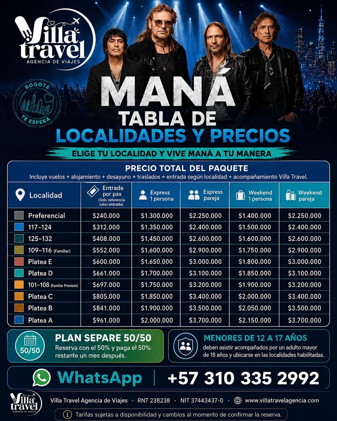 Tabla de localidades y precios de los paquetes para Maná
