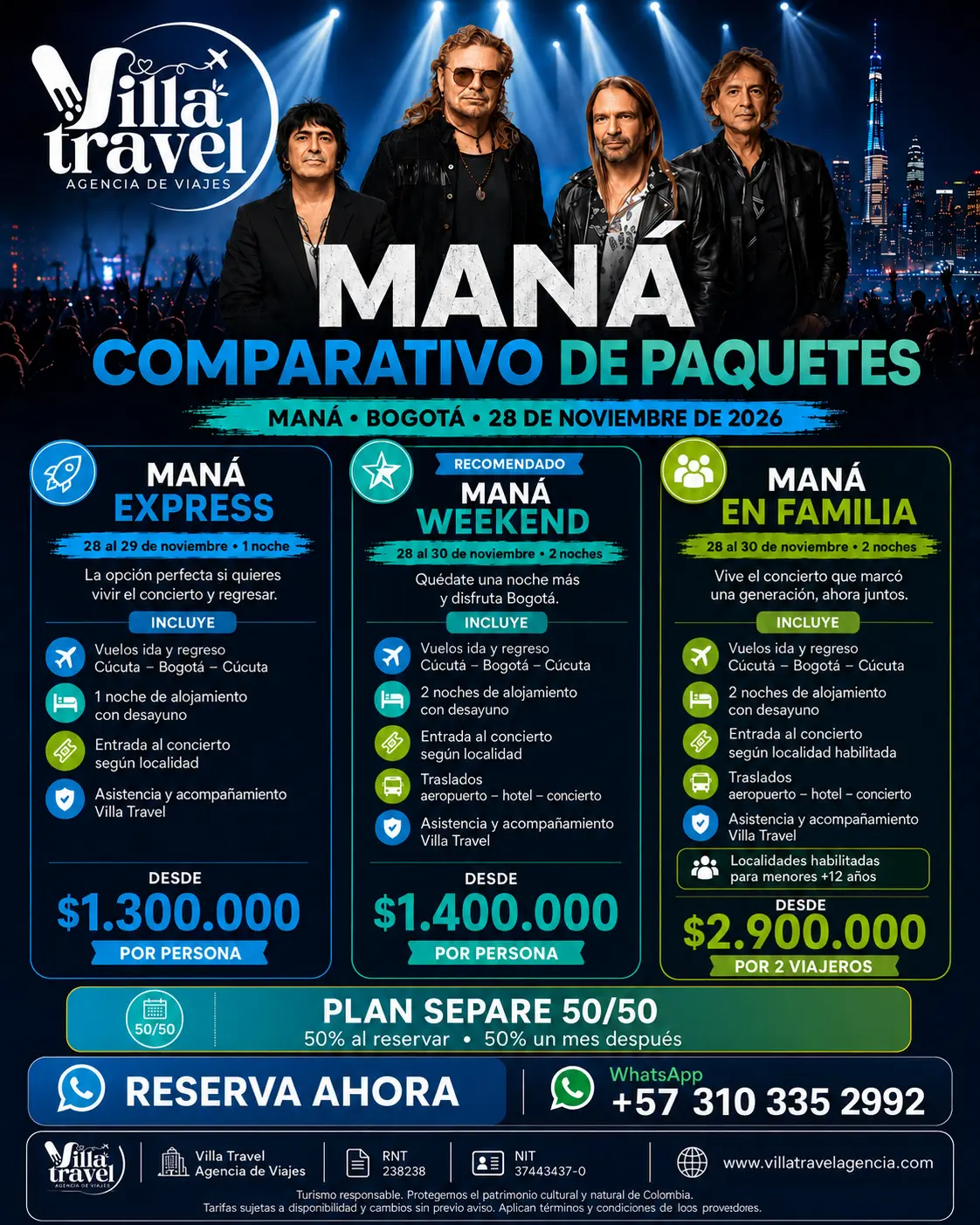 Comparativo de paquetes Maná Express, Weekend y En Familia desde Cúcuta